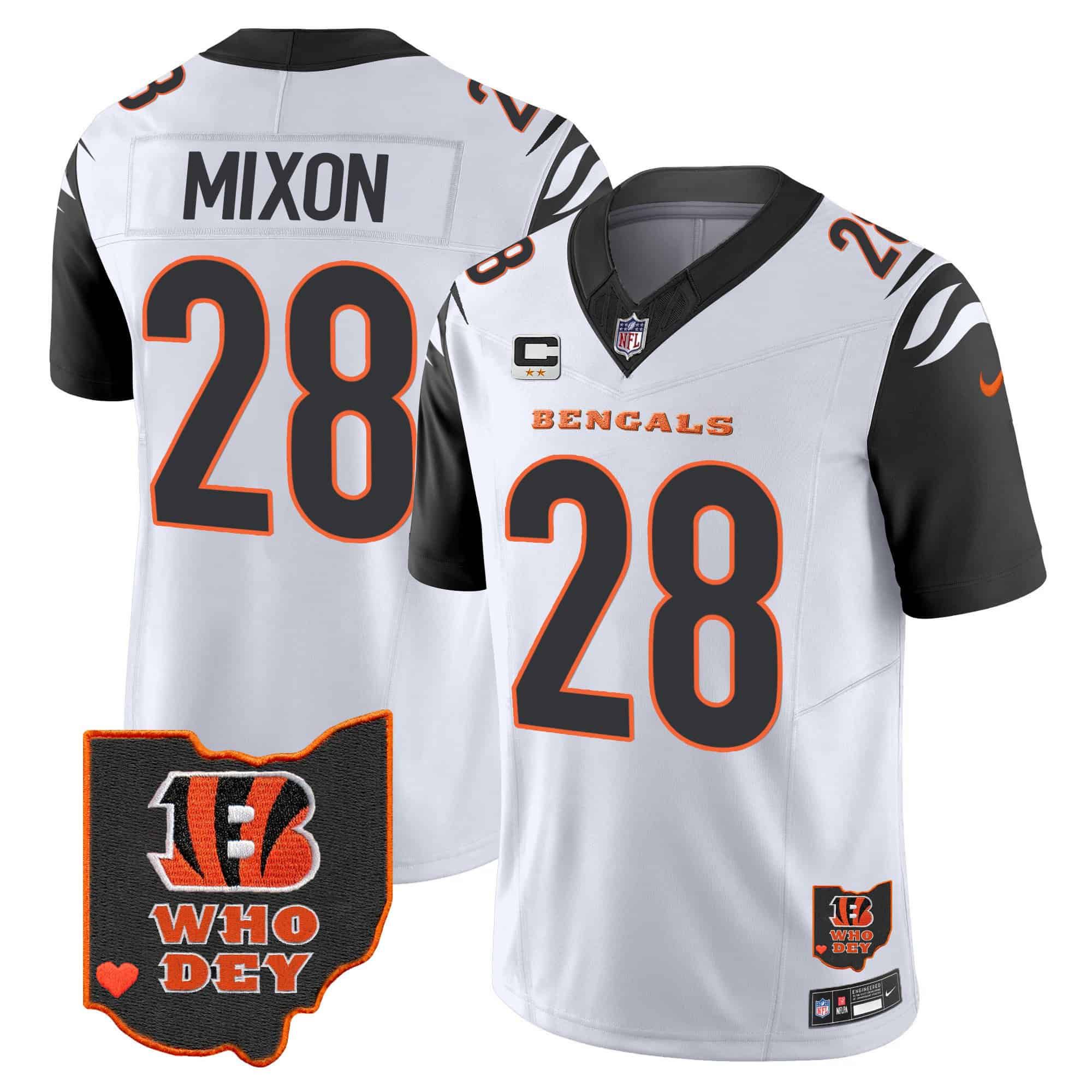 Men Cincinnati Bengals 28 Mixon White 2024 Nike Patch Vapor Limited NFL Jersey style 1
